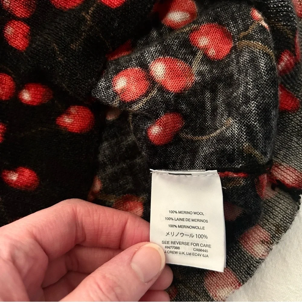 J. Crew Black and Red Cherry Print Tippi 3/4 Sleeve Crew Neck Sweater S